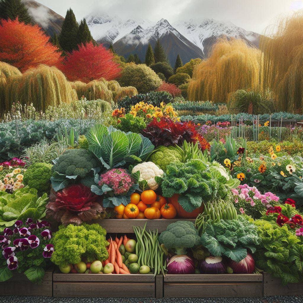 New Zealand Autumn Garden With Lettuce Kale Broccoli Broad Beans Silverbeet Cauliflower Pansies Sweet Peas Polyanthus Snapdragons
