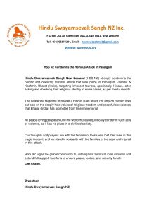 HSS NZ Condemns Pahalgam Terror Attack Targeting Hindu Tourists