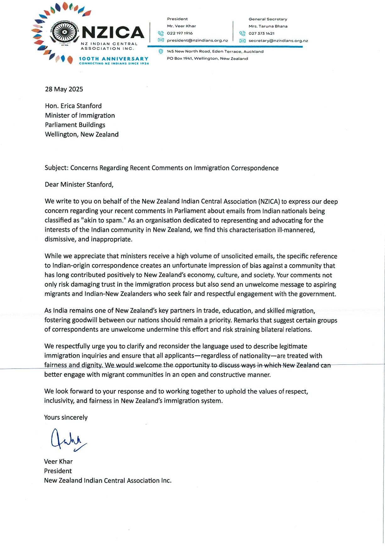 Letter To Minister Of Immigration Page 001
